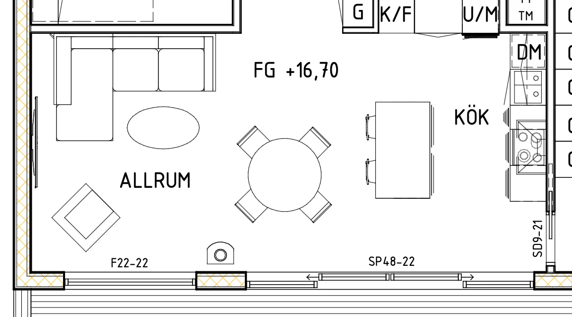Architect 2D floor plan of a kitchen and living room