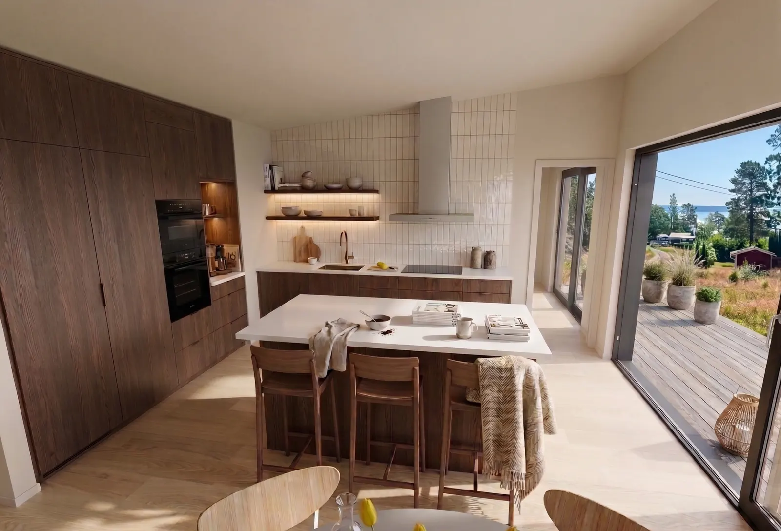 AI render of a kitchen with furniture, materials, and a view outside