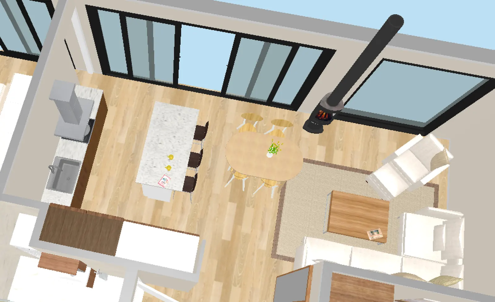 Bird’s-eye 3D view of the kitchen, dining, and living area
